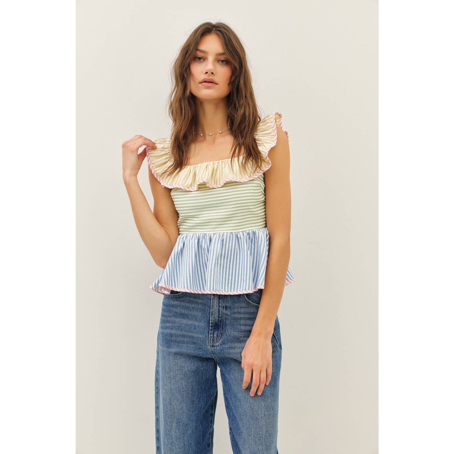 Mutli-Stripe Ruffle Square Neck Top