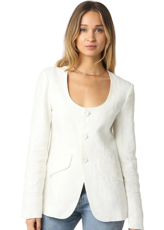White Linen Scoop Neck Tailored Blazer