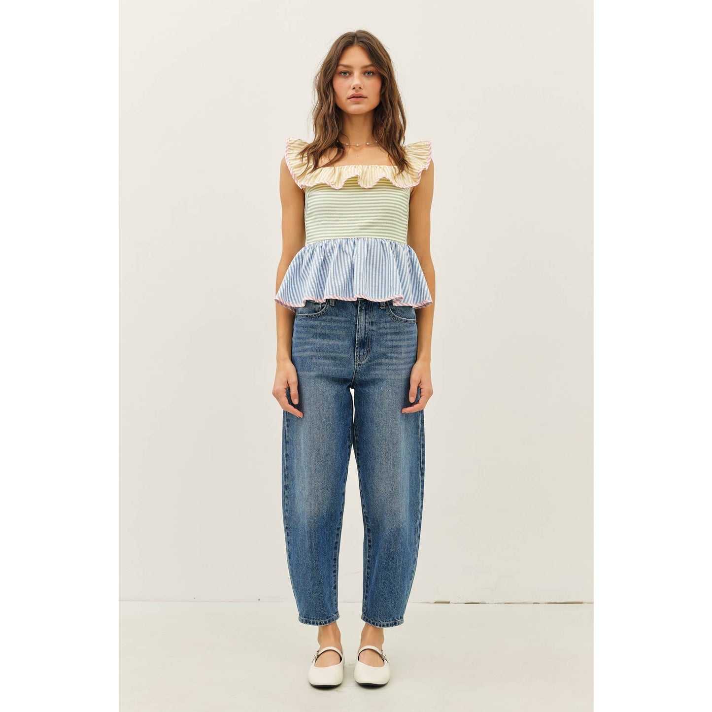 Mutli-Stripe Ruffle Square Neck Top