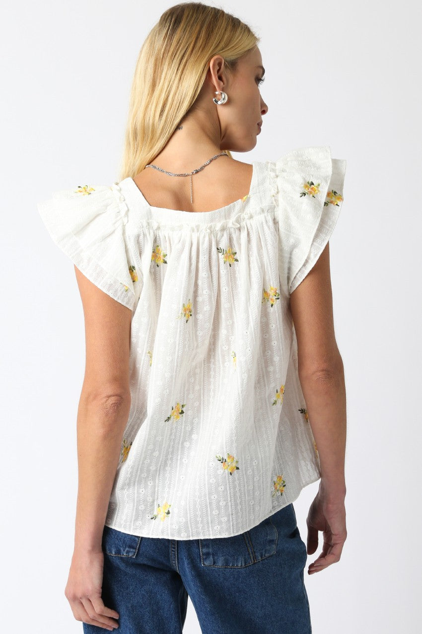 Ruffle Sleeve Embroidered Blouse