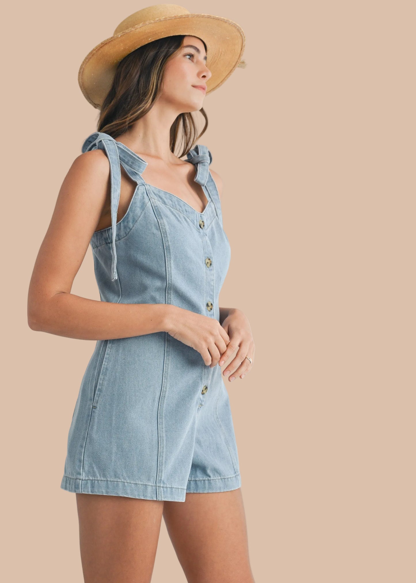 Denim Botton Front Romper with Tie Straps
