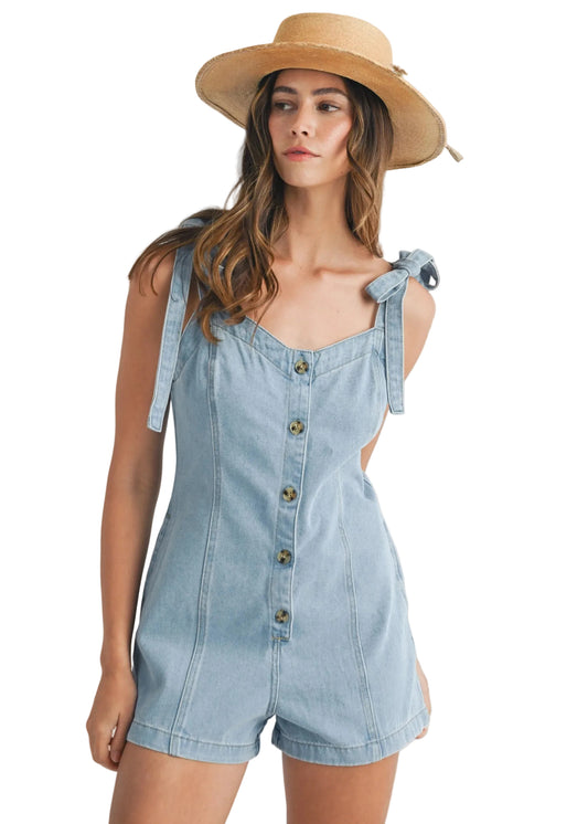 Denim Botton Front Romper with Tie Straps