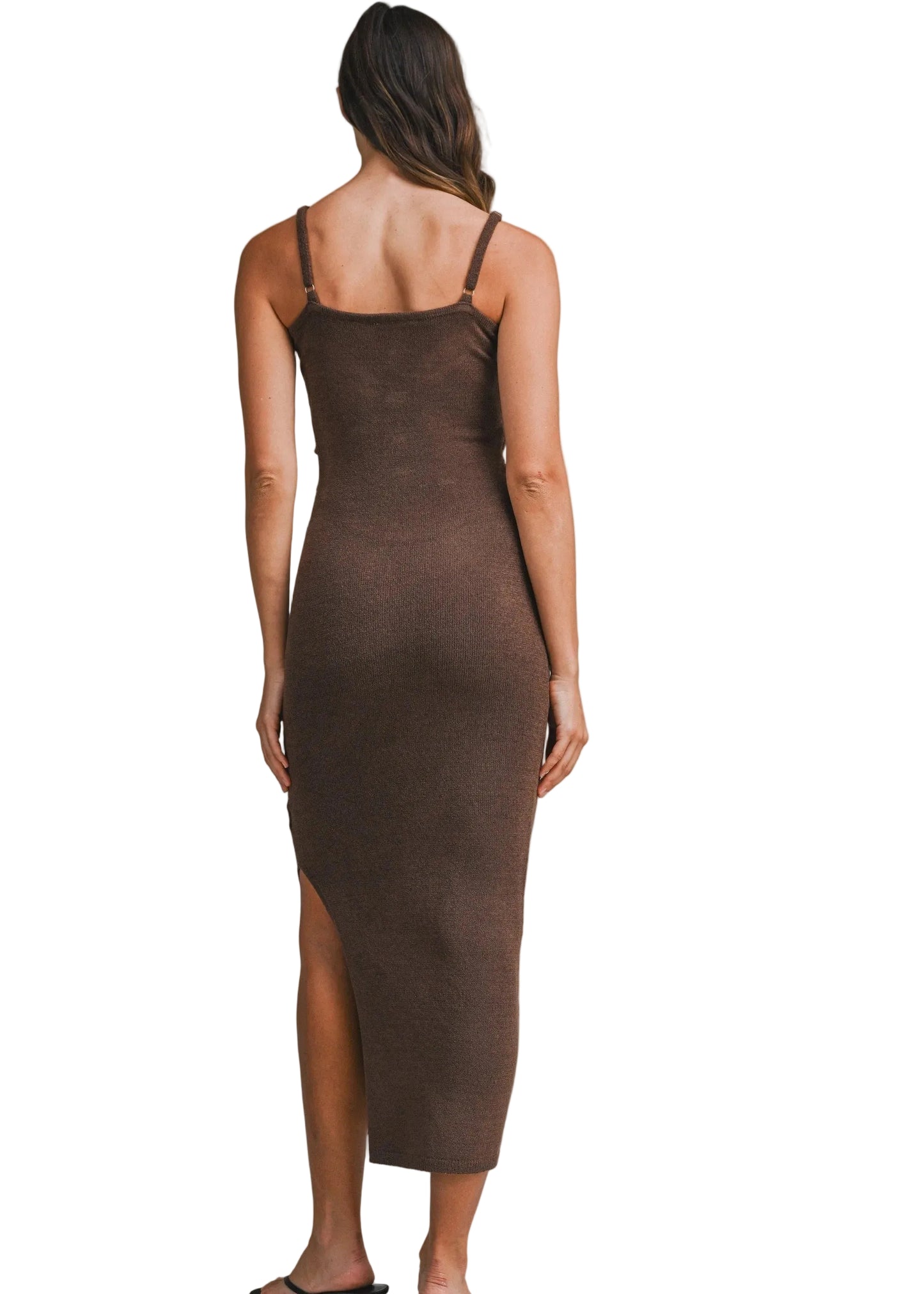 Brown Knit Bodycon Front Cut Out Knit Midi Dress
