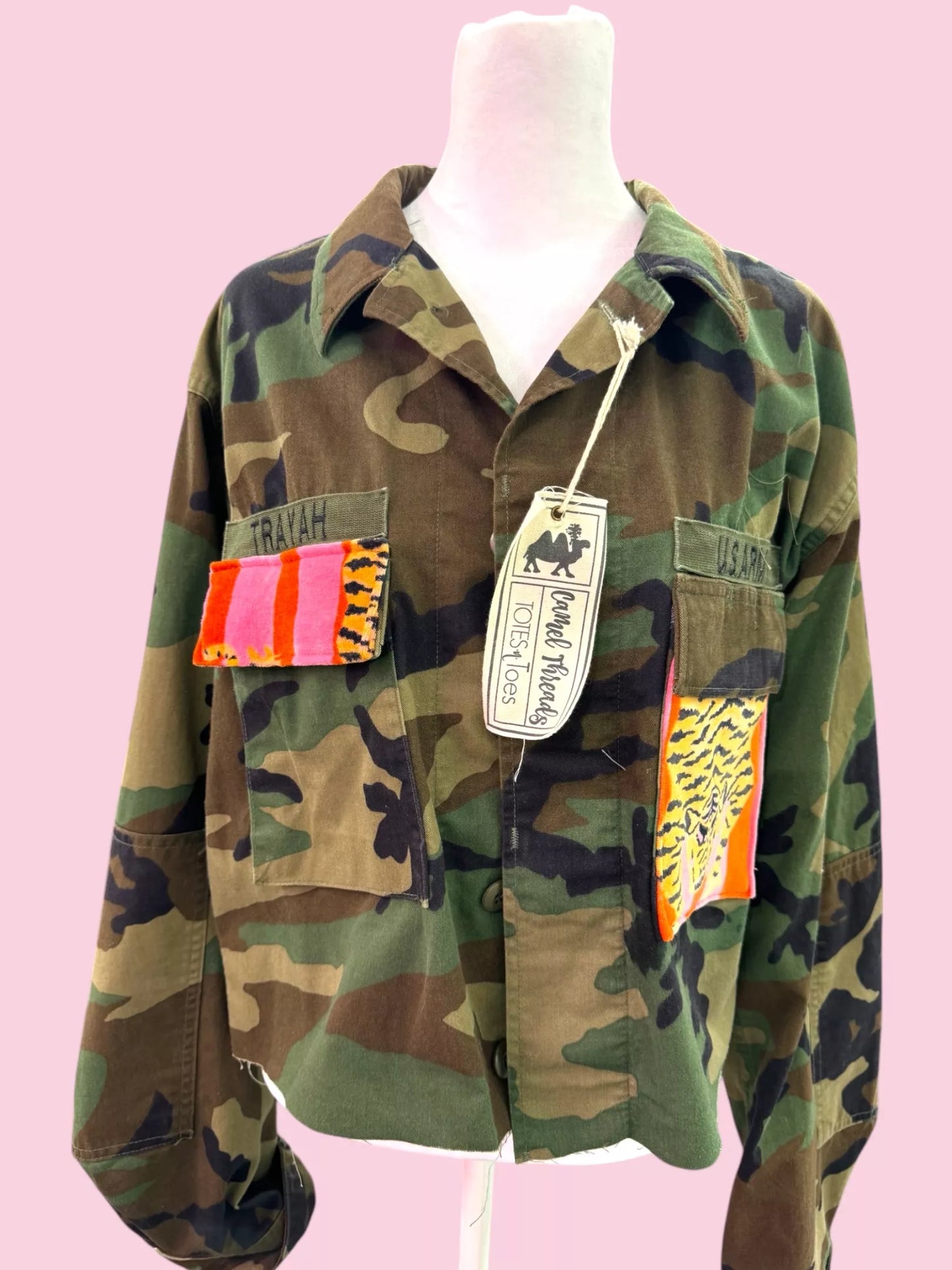 Recycled Camo Jacket with Leopard Patches