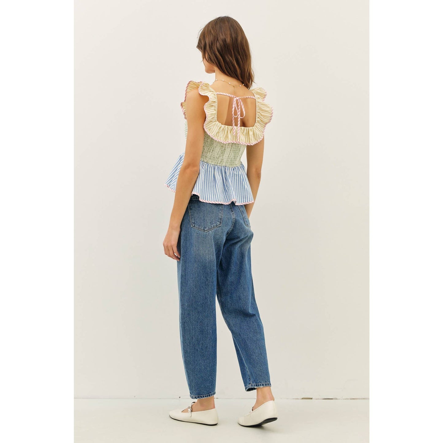Mutli-Stripe Ruffle Square Neck Top