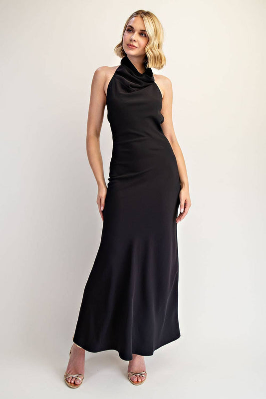High Cowl Neck Open Back Maxi Dress