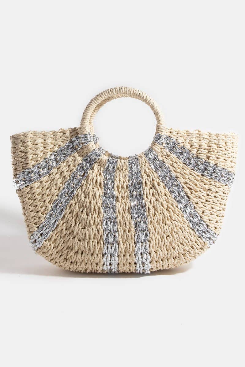 Metallic Stripes Round Braided Straw Hand Bag