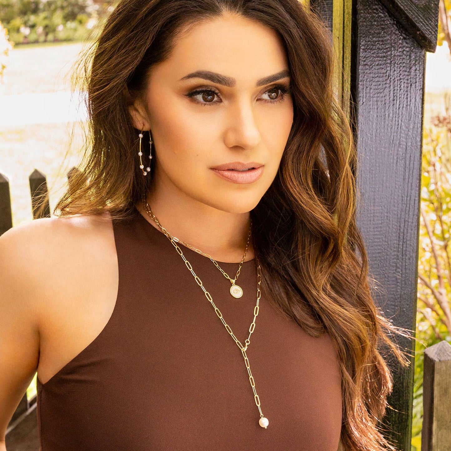 Paperclip Y Lariat necklace with Stone