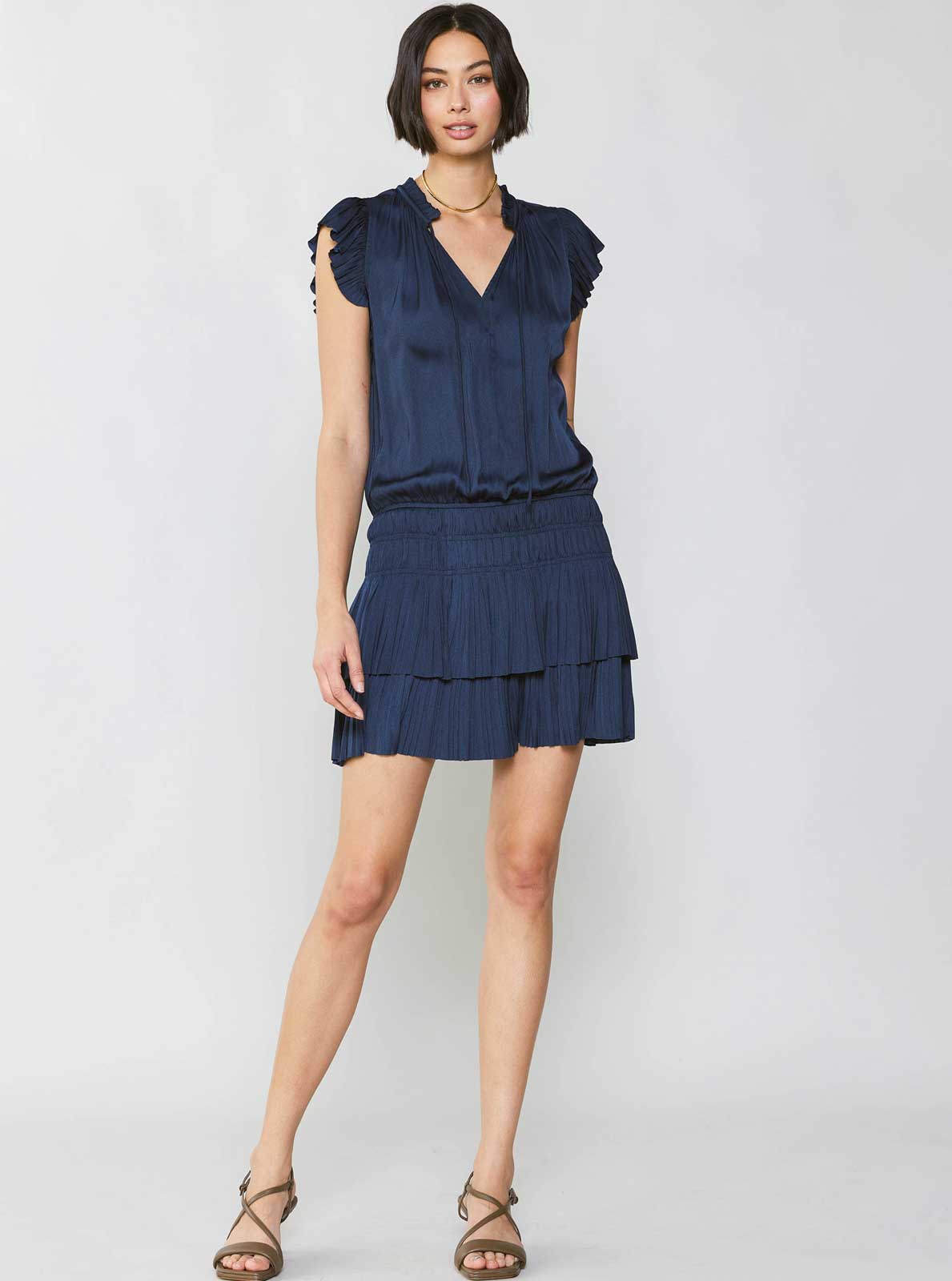 Navy Satin Pleated Mini Dress