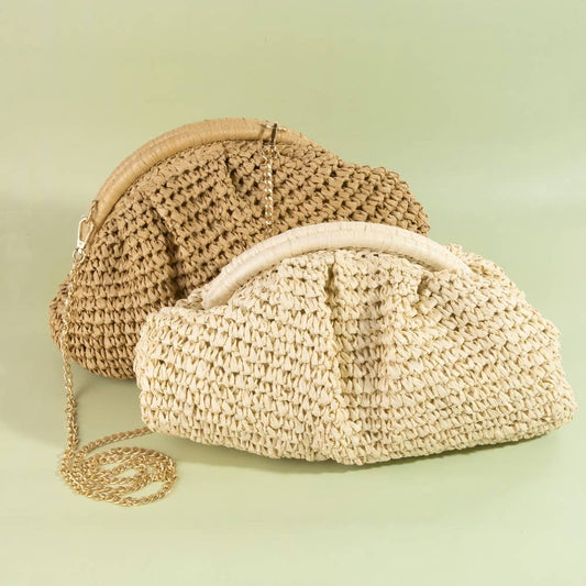 Two woven handbags on a light green background