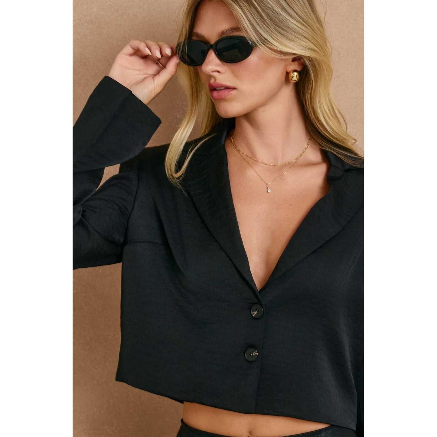 Black Satin Crop Blazer Top
