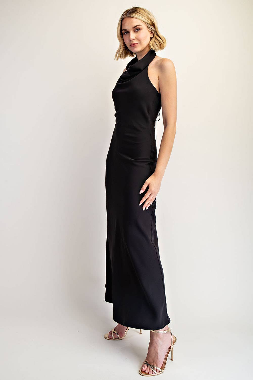 High Cowl Neck Open Back Maxi Dress