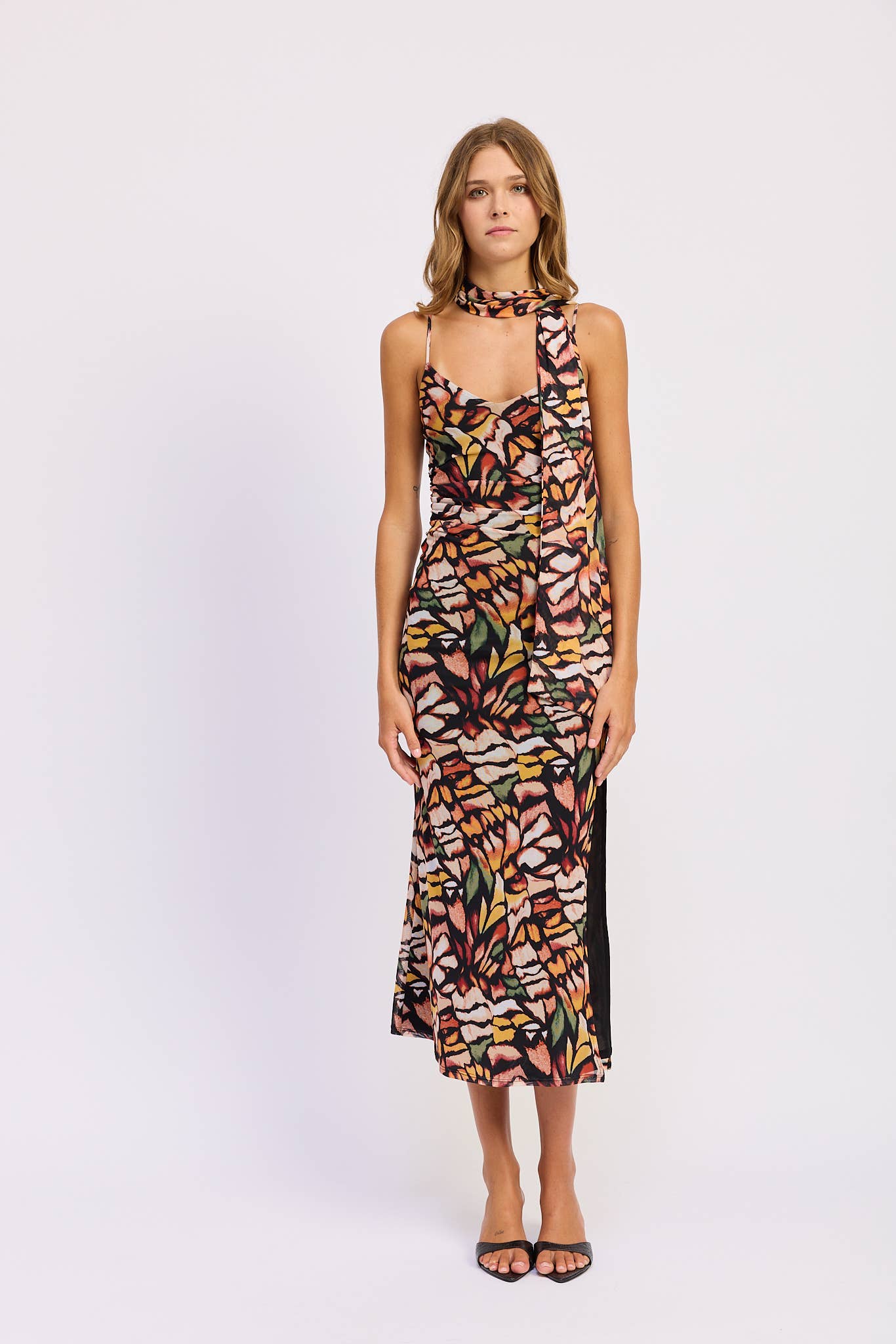 Butterfly Midi Dress with Scarf