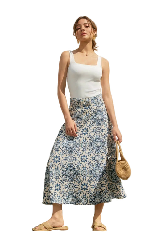 Linen Blend Blue & White Tile A Line Midi Skirt