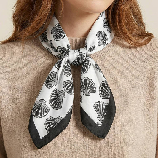 Coastal Seashell Satin Bandana Scarf: Black & White Silk-Feel Wrap