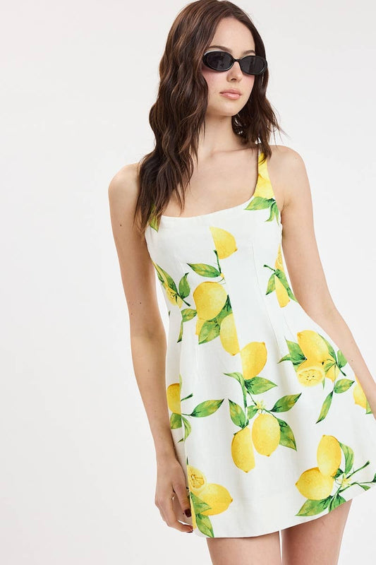 Zesty Lemon Print Linen-Blend Square Neck Mini Dress