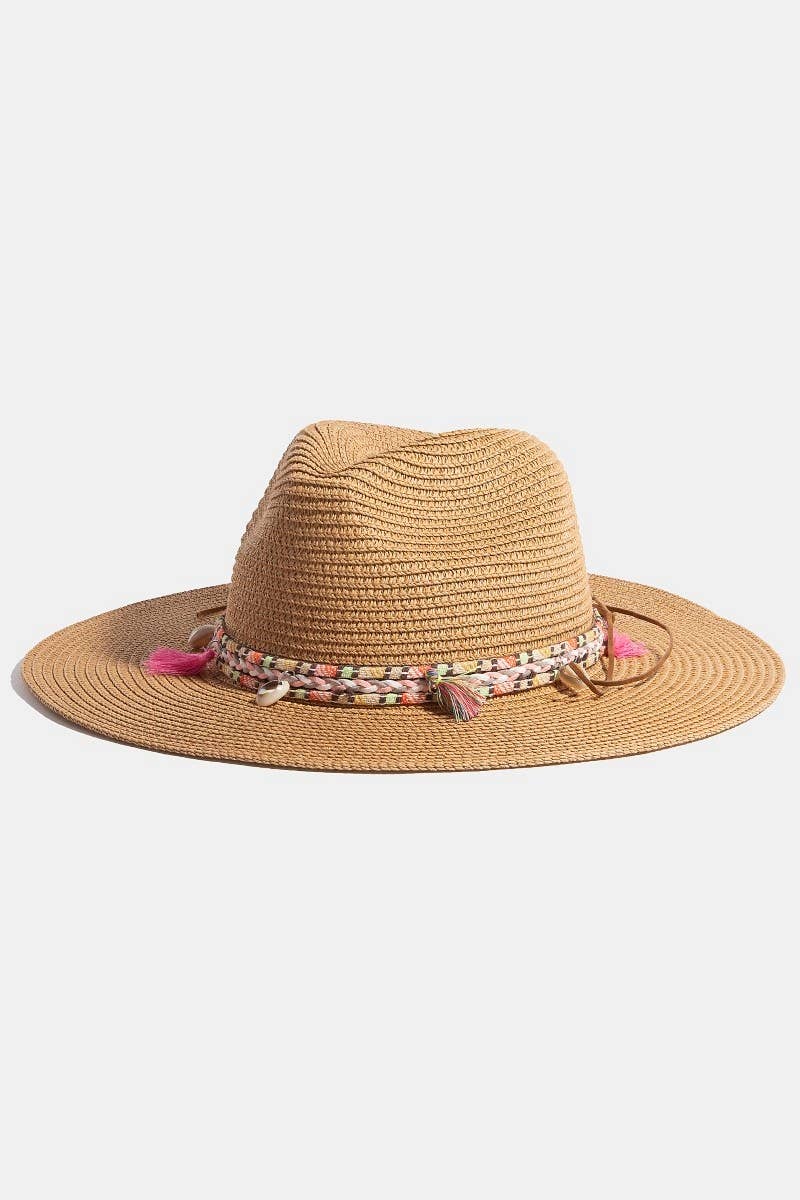 Braided Shell And Tassels Strap Straw Sun Hat