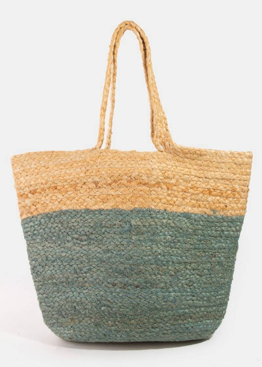 A two-tone jute tote bag with beige upper and red lower compartments, with handles.