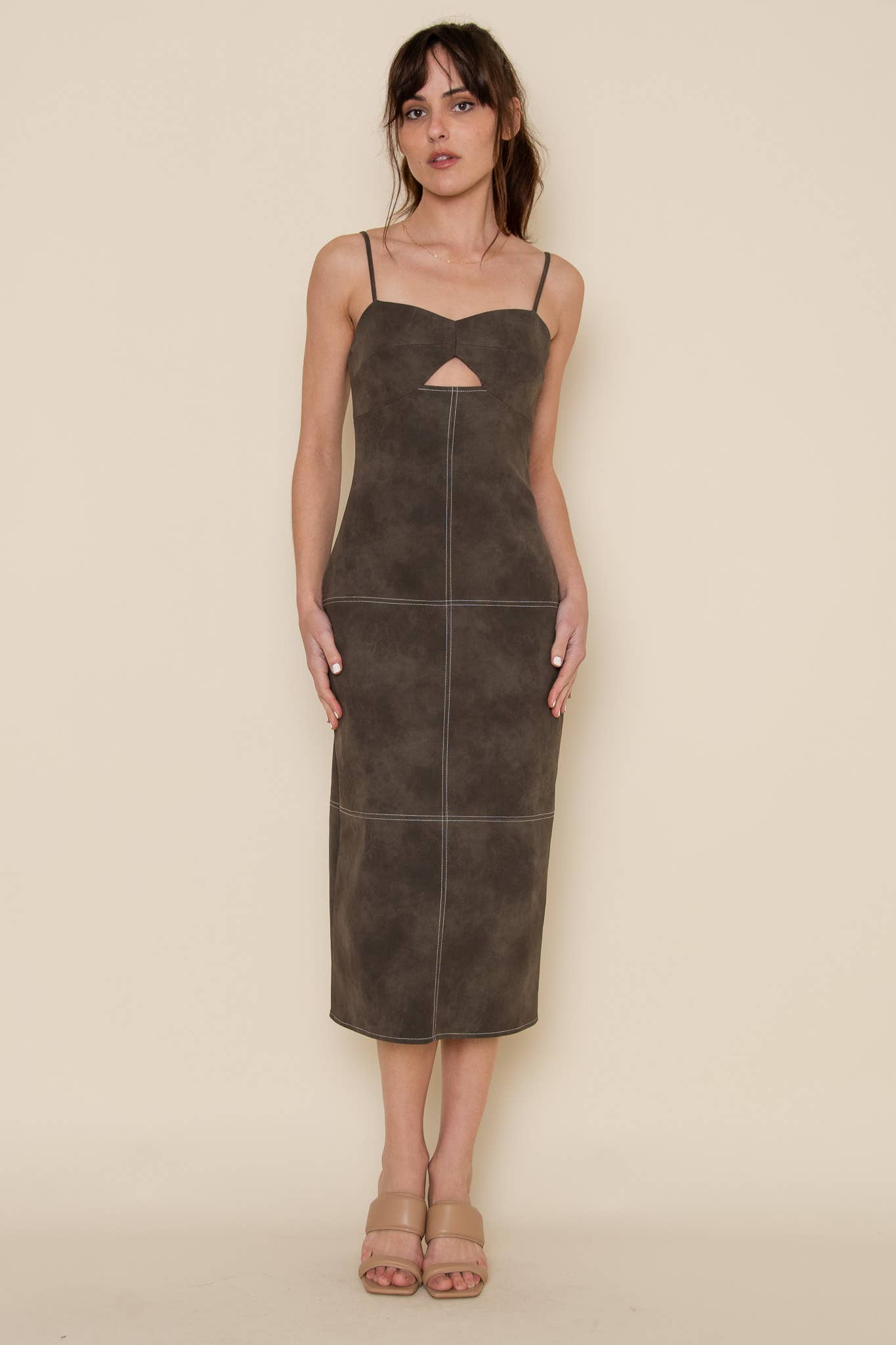 Brown Faux Leather Midi Dress