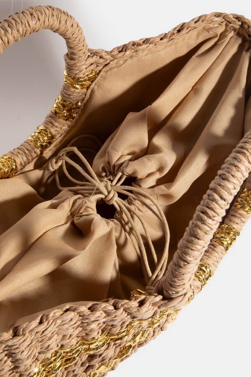 Metallic Stripes Round Braided Straw Hand Bag