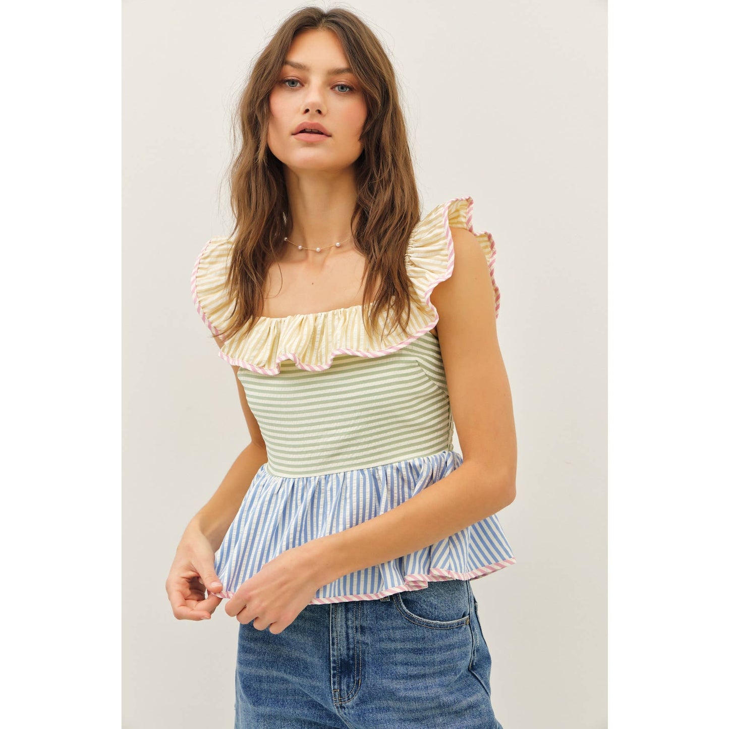 Mutli-Stripe Ruffle Square Neck Top