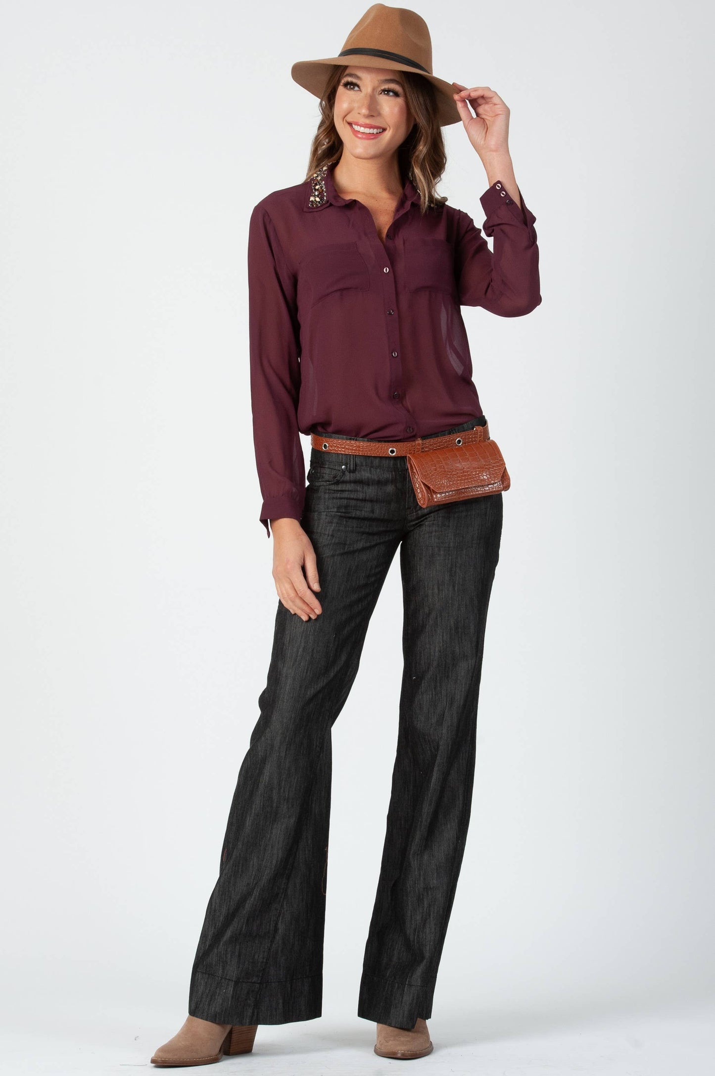 Chiffon Jewel Collar Button Down Top