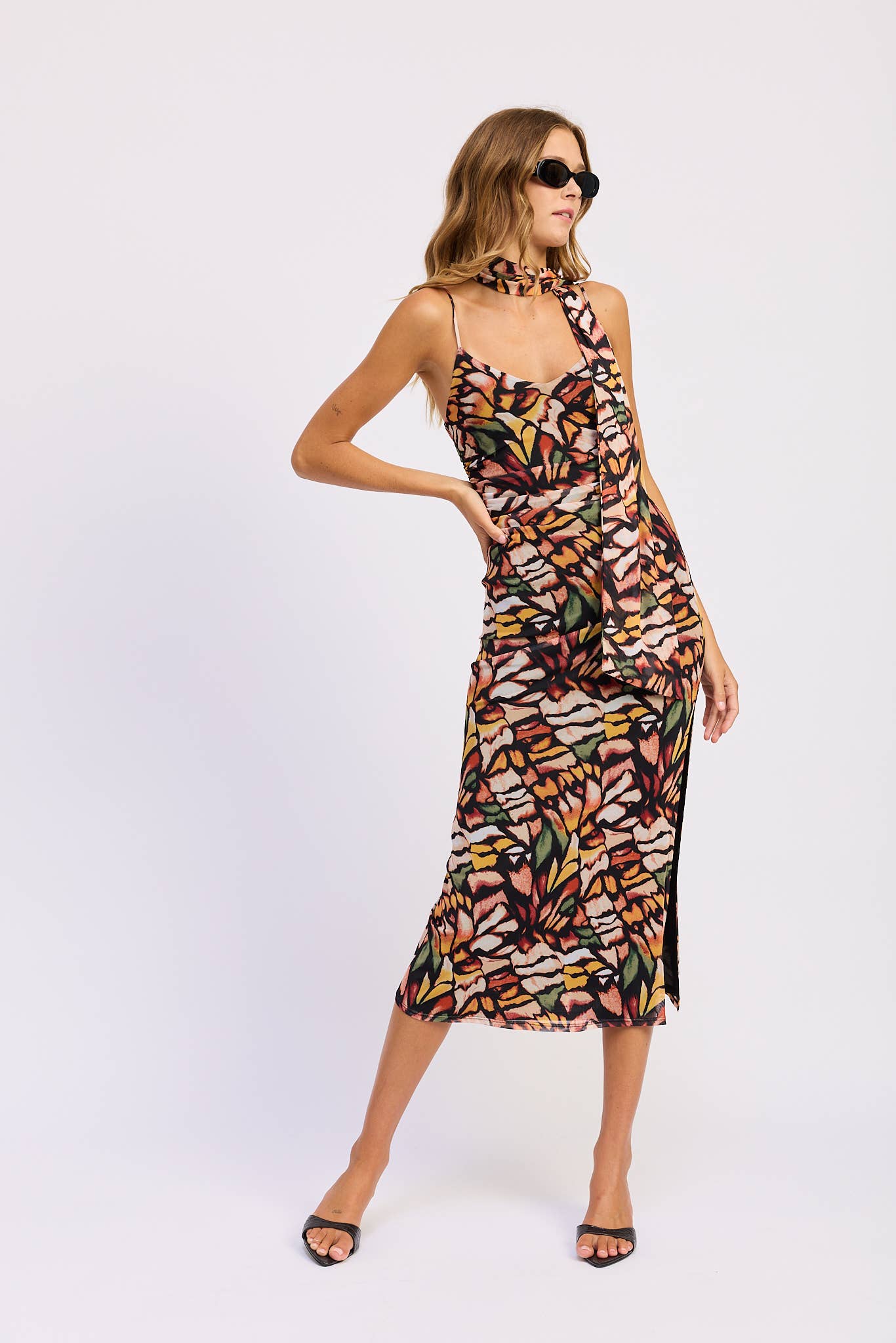 Butterfly Midi Dress with Scarf