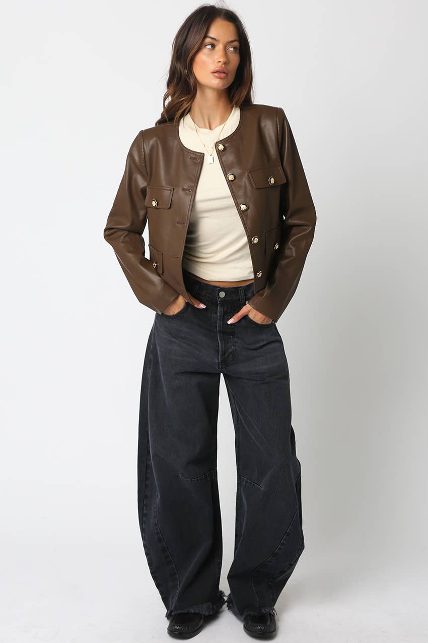 Collarless Faux Leather Jacket