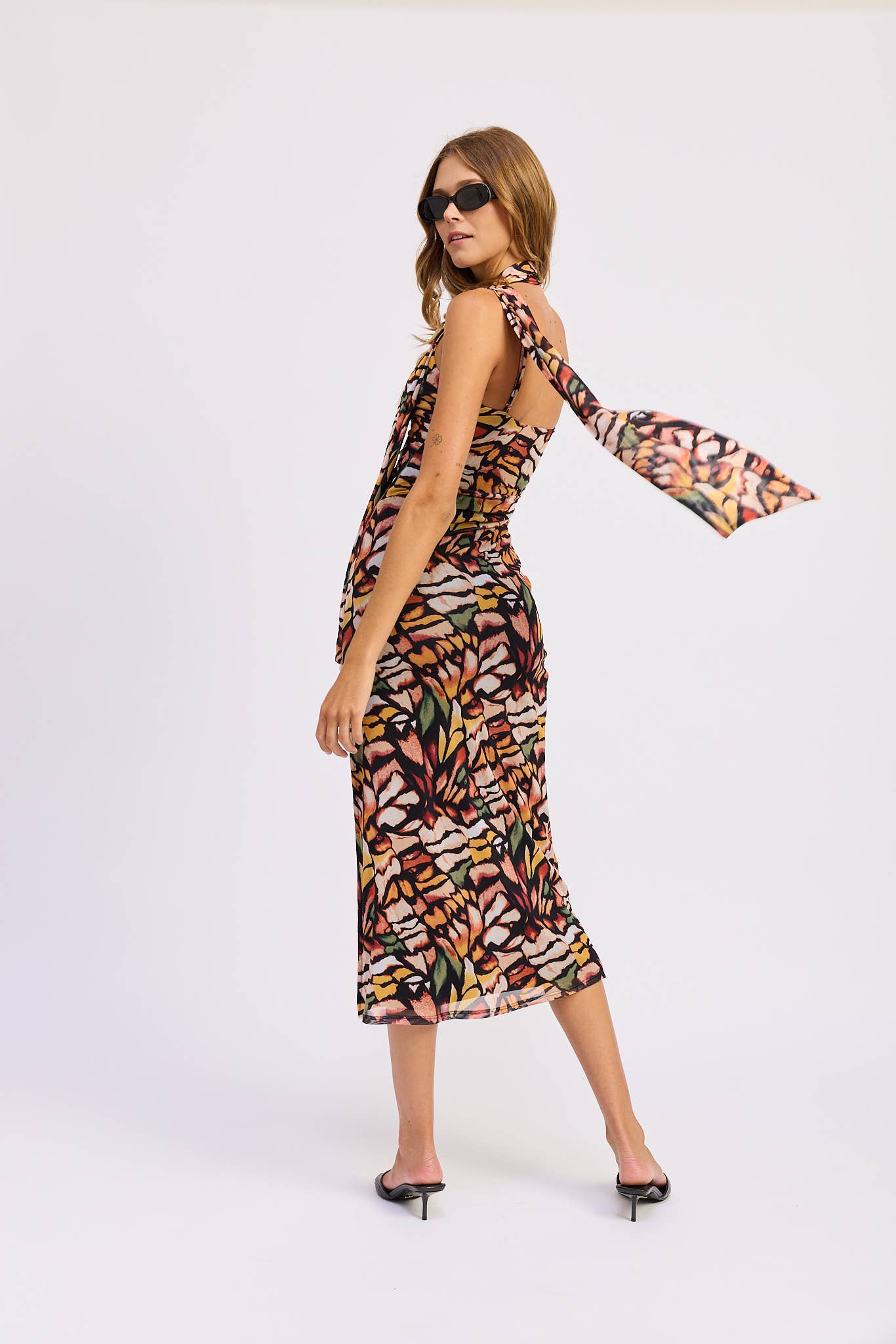 Butterfly Midi Dress with Scarf