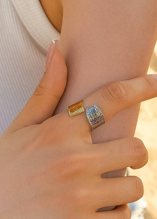 Close-up of two rings on a person's finger with a blurred background