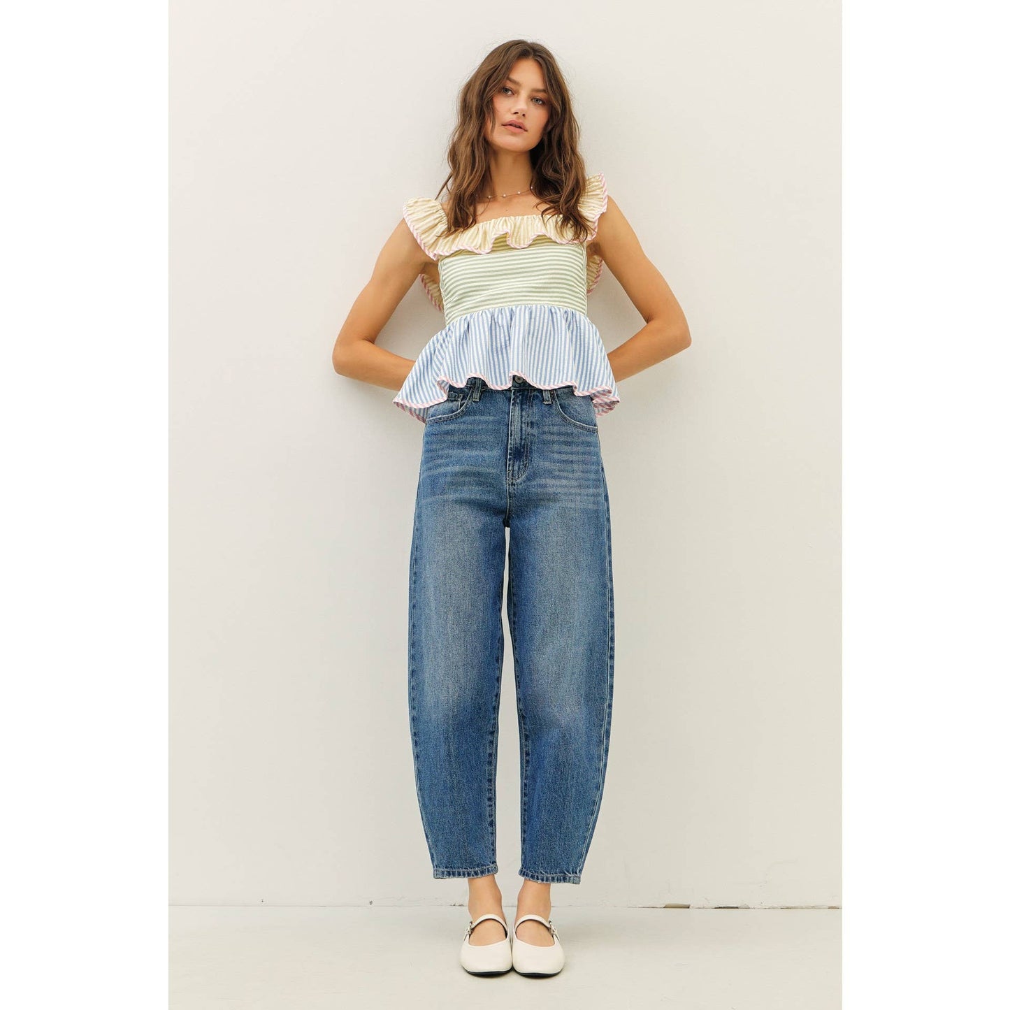 Mutli-Stripe Ruffle Square Neck Top