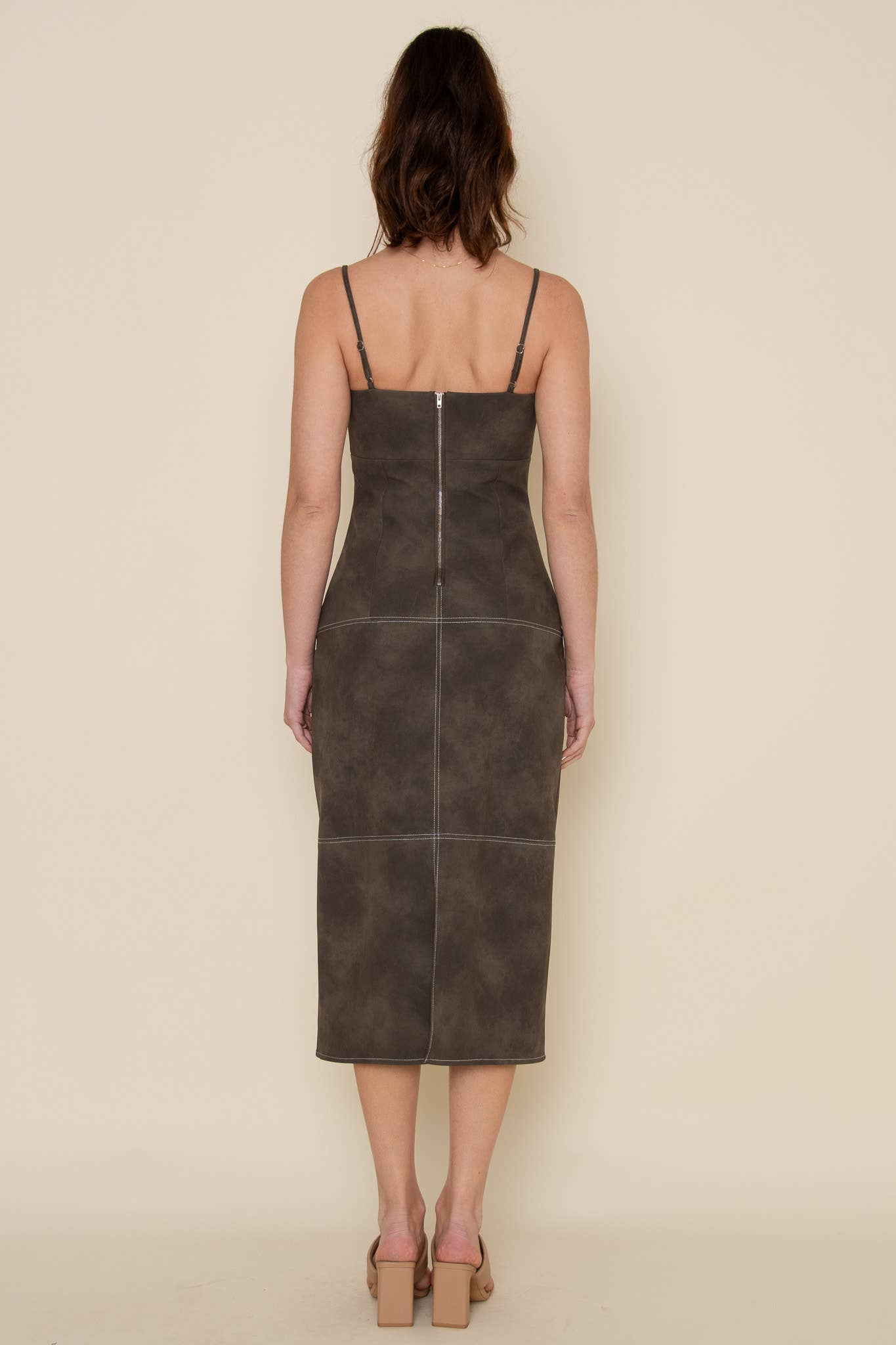 Brown Faux Leather Midi Dress