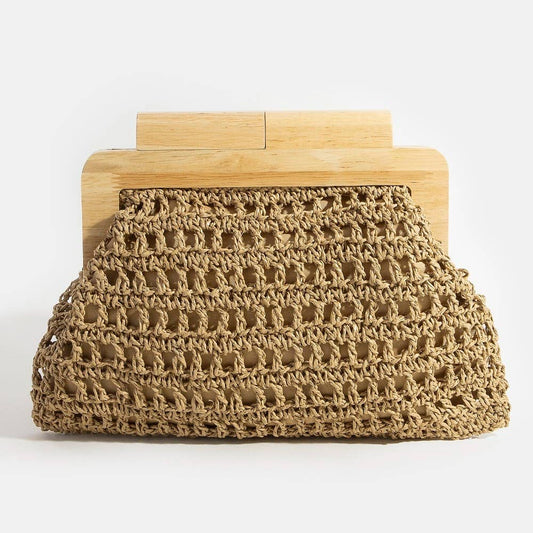 Clutch bag with wooden frame and woven texture on a white background