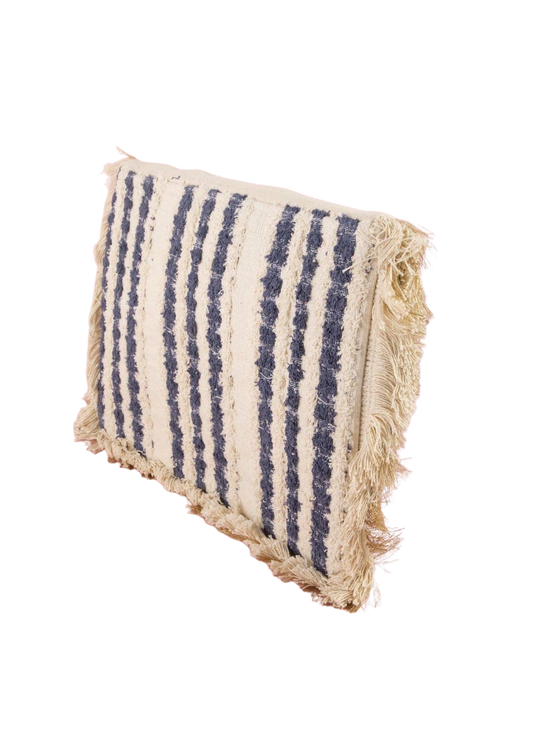 Textured throw blanket with blue stripes and frayed edges on a white background