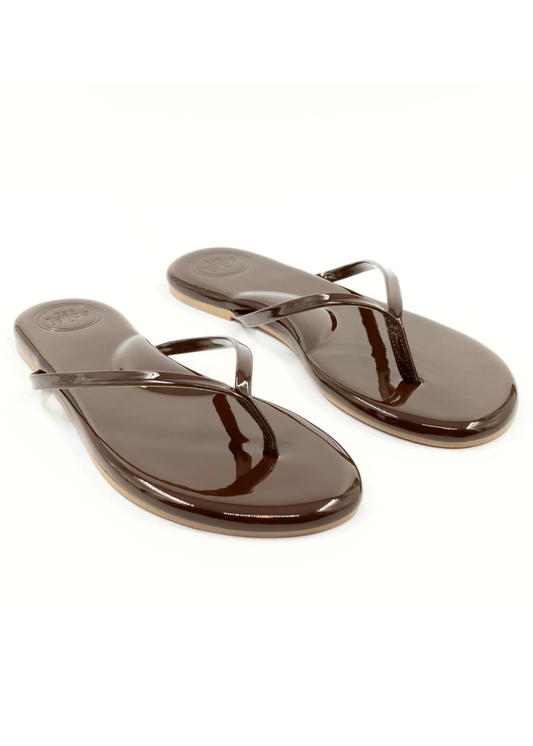 Chocolate Brown Soléi Sea Slim Patent Vegan Leather Flip Flops with Arch Support