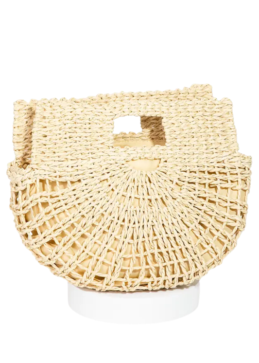 Beige woven handbag on a white background