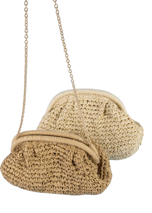 Beige woven handbag with a chain strap on a white background