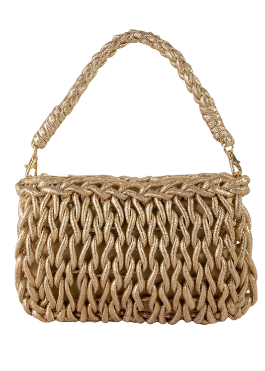 Woven handbag with braided handle on a white background