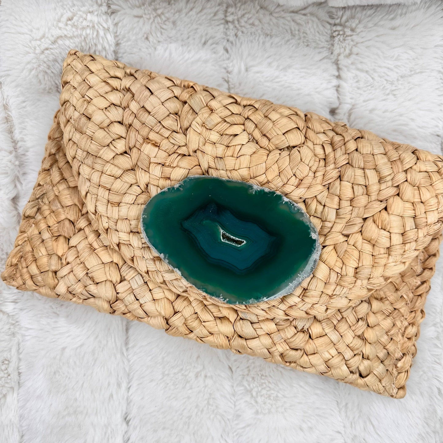 Straw Clutch with One of a kind Green Agate |