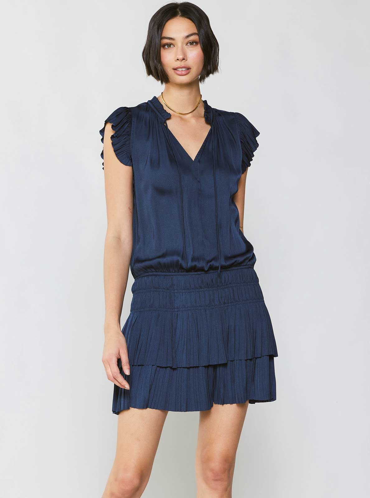 Navy Satin Pleated Mini Dress