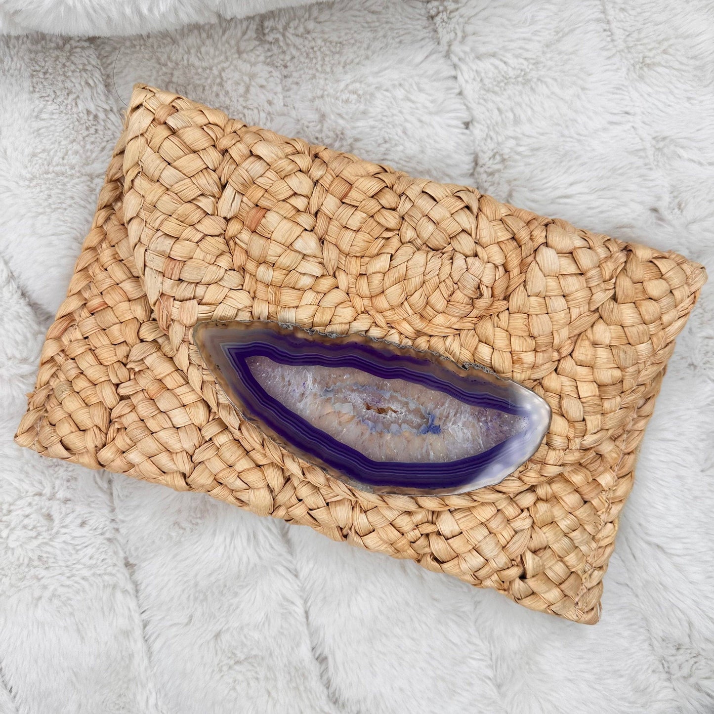 Straw Clutch with One of a Kind Purple Agate |