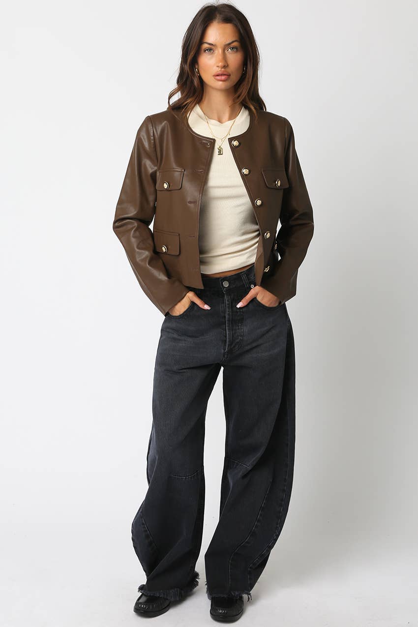 Collarless Faux Leather Jacket