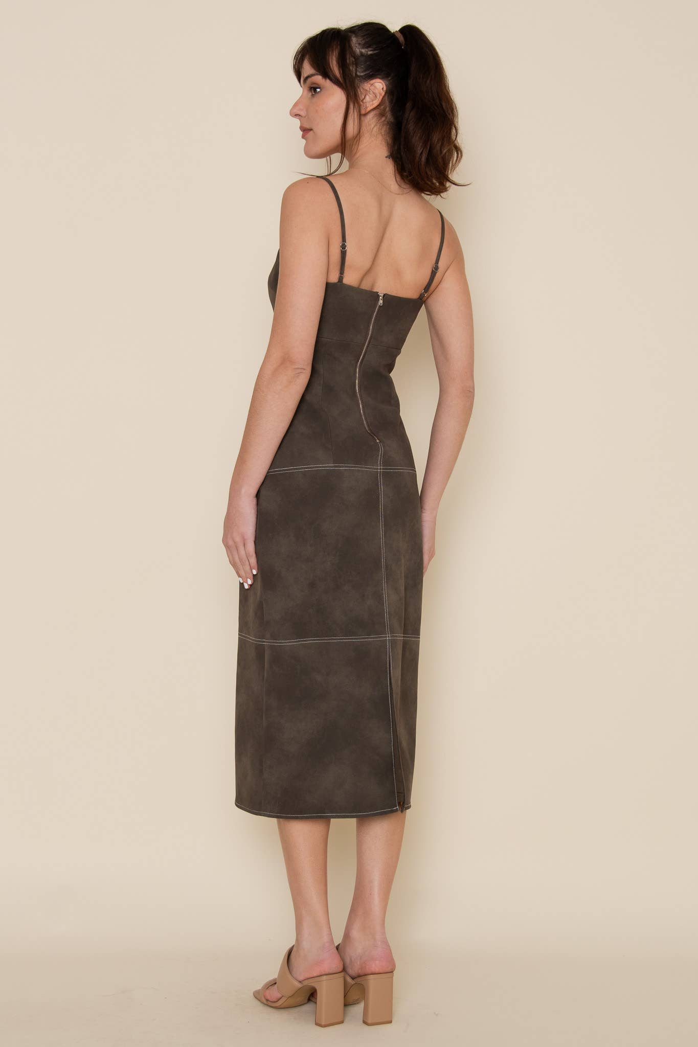 Brown Faux Leather Midi Dress