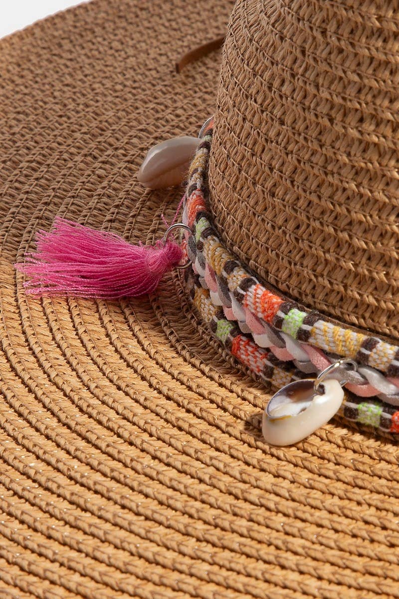 Braided Shell And Tassels Strap Straw Sun Hat