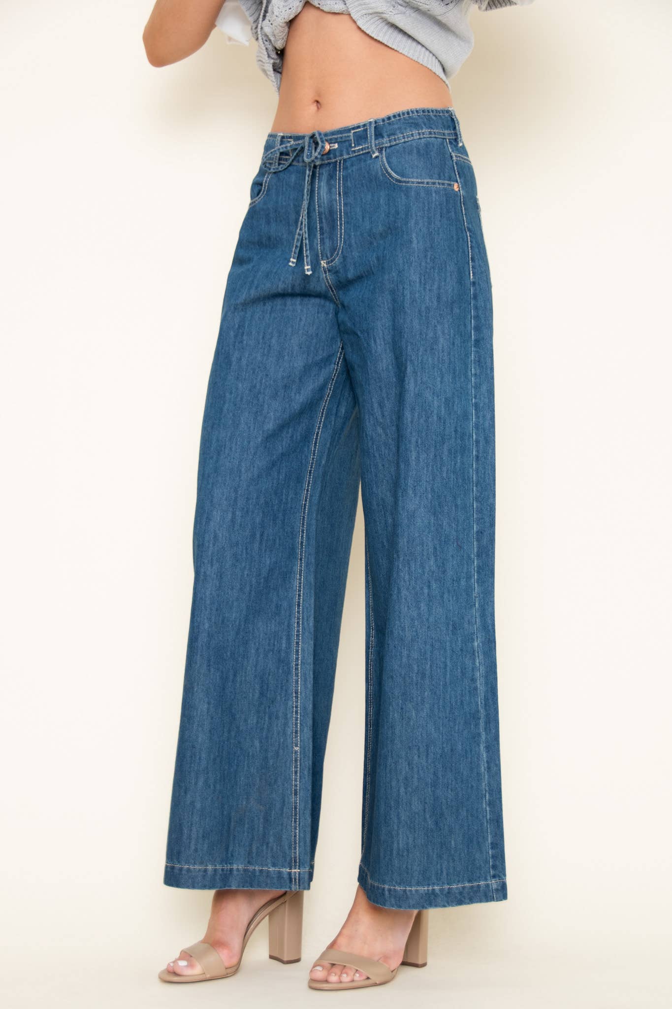 Drawstring Waist Wide Leg Denim