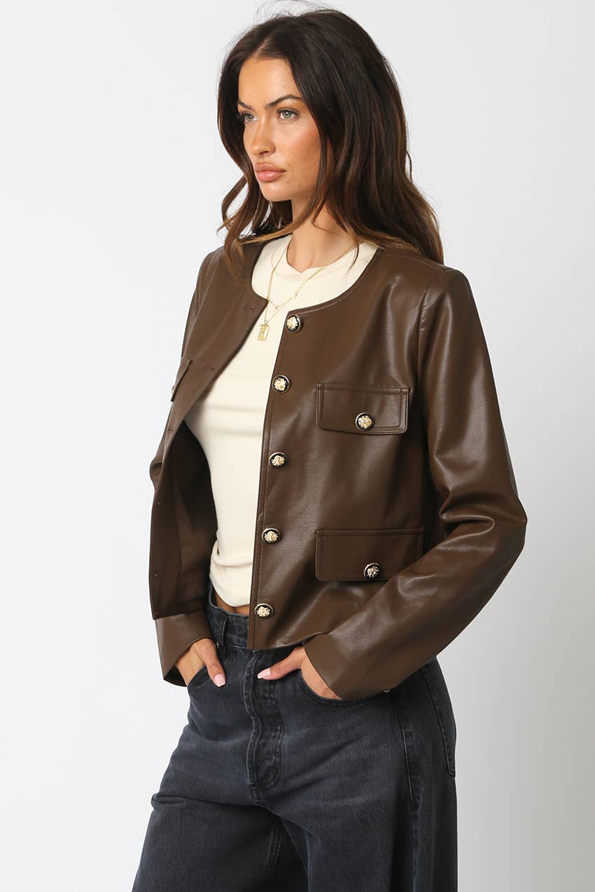 Collarless Faux Leather Jacket