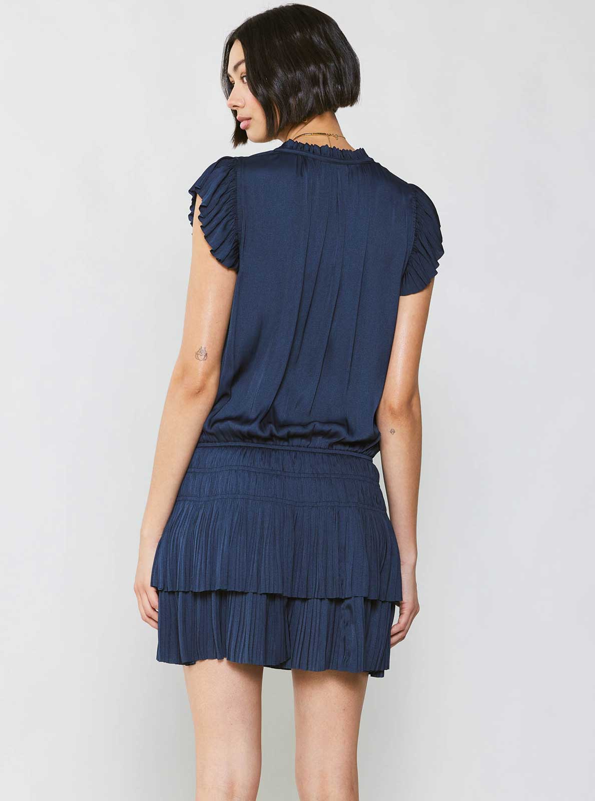 Navy Satin Pleated Mini Dress