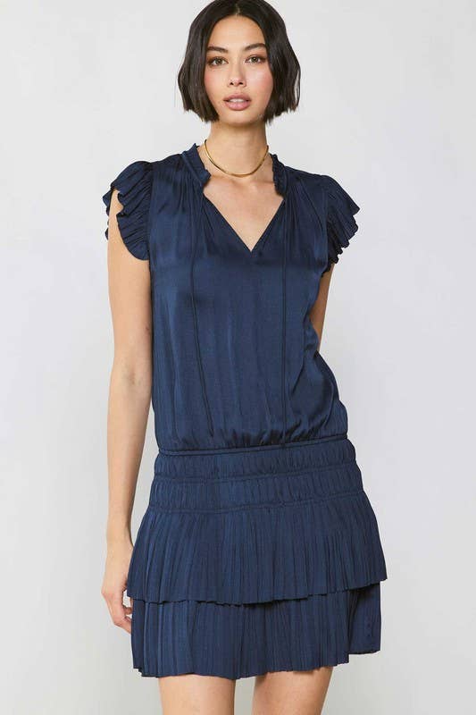 Navy Satin Pleated Mini Dress