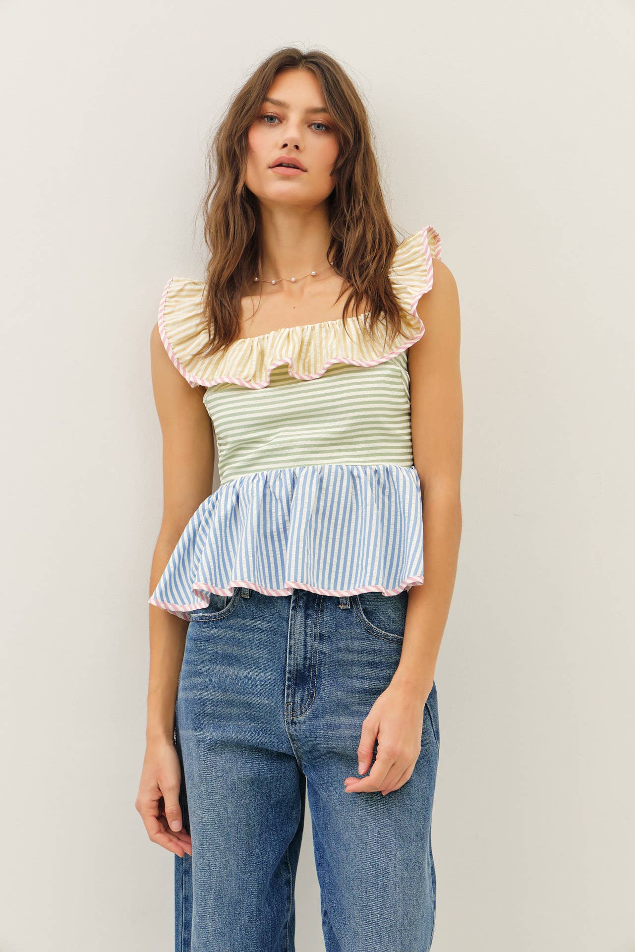 Mutli-Stripe Ruffle Square Neck Top