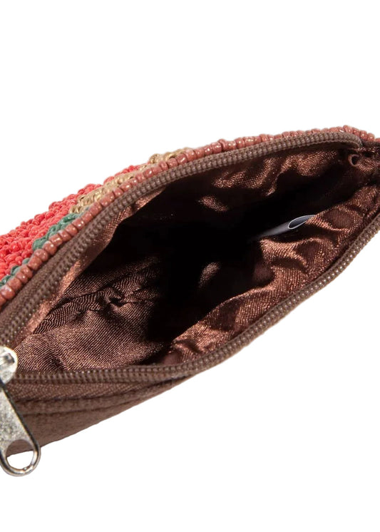 Open brown fabric pouch with a colorful zipper on a white background